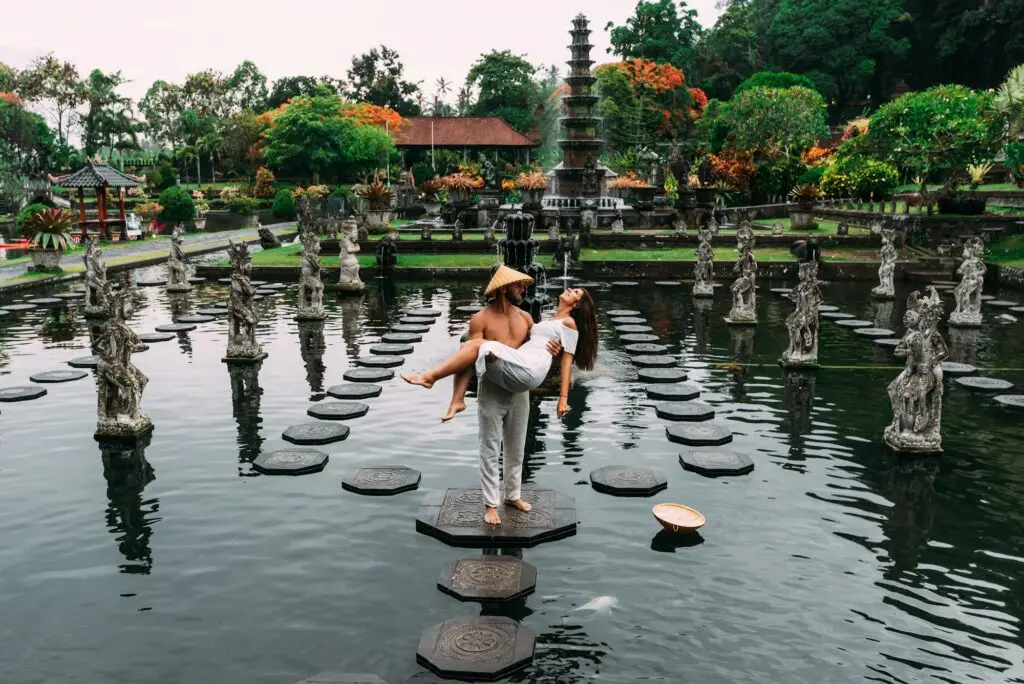 A beautiful couple is traveling on the island of Bali in Indonesia