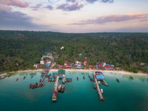 Aerial shot of the White Beach in Koh Rong Samloem, Cambodia